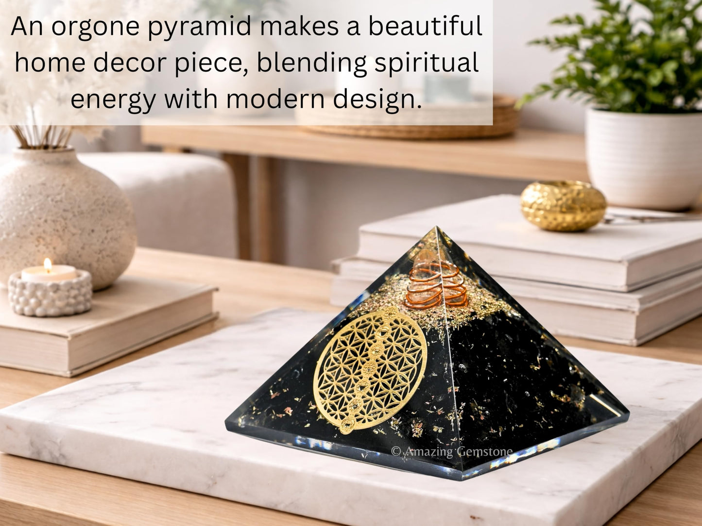 Amazing Gemstone Large Black Tourmaline Orgone Pyramid Crystal, Chakra Flower of Life Orgonite Pyramid - Positive Energy Healing