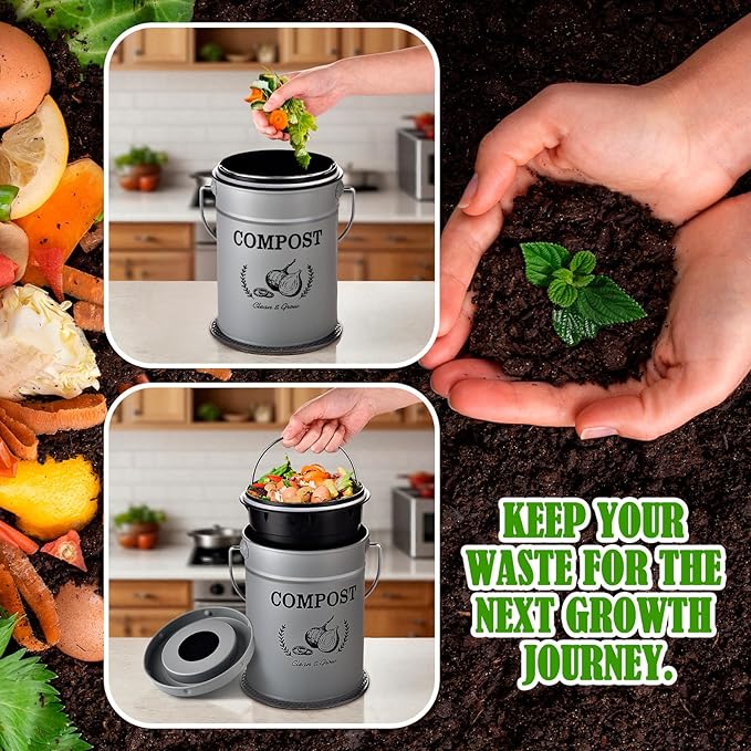 AOSION Countertop Compost Bin Kitchen,Odorless Indoor Compost Bin with Lid and Compost Bags,Compost Bucket Composter Container for Food Waste,Grey