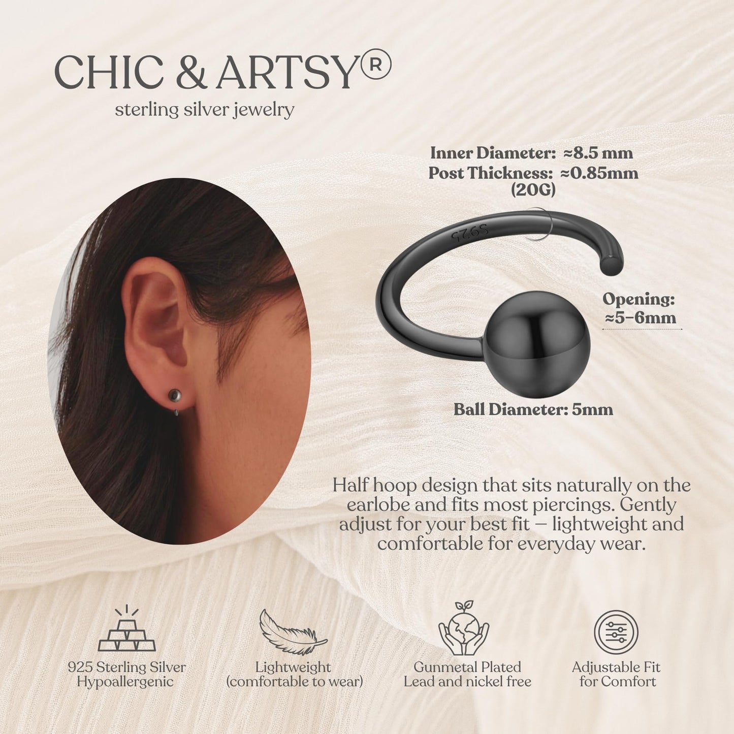 Black Half Hoop 925 Sterling Silver Little Ball Huggie Black Hug Hoop Earring for Women