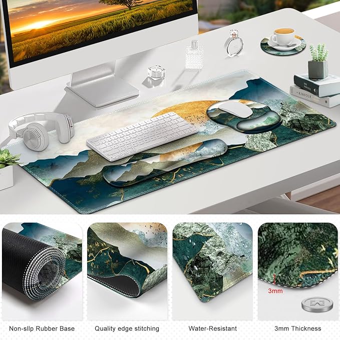 Gaming Mouse Pad, Large Desk Mat, Cute Desk Pad Protector, 4in1 XXL Mousepad +Keyboard Wrist Rest+Mouse Wrist Rest+Coaster Set with Ergonomic Desk Pad for Home Office Table Computer Green Mountain