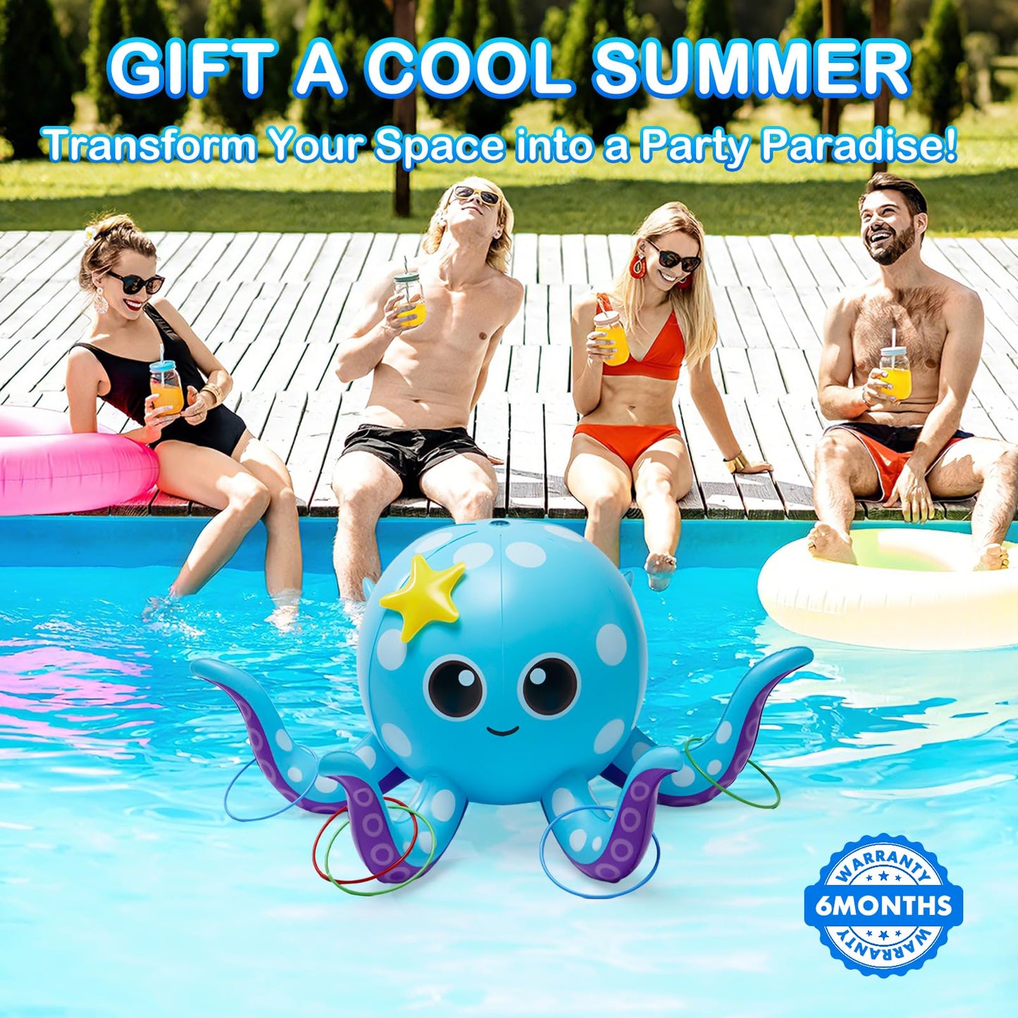 Sprinkler for Kids, Inflatable Octopus Water Toys with 6 Rings, Kids Sprinklers for Yard, Summer Outdoor Toys Backyard Water Spray Sprinkler Fun Toy for 3 4 5 6 7 8 Years and Up Boys Girls Gifts