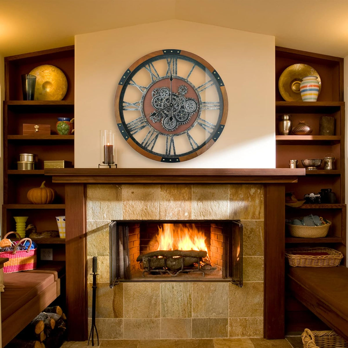 30 Inch Moving Gear Wall Clock, Oversized Wall Clocks, Clock Living Room Decor, Solid Wood Frame, Battery Operated, Large Wall Clock with Steampunk Industrial for Fireplace(Machilus)