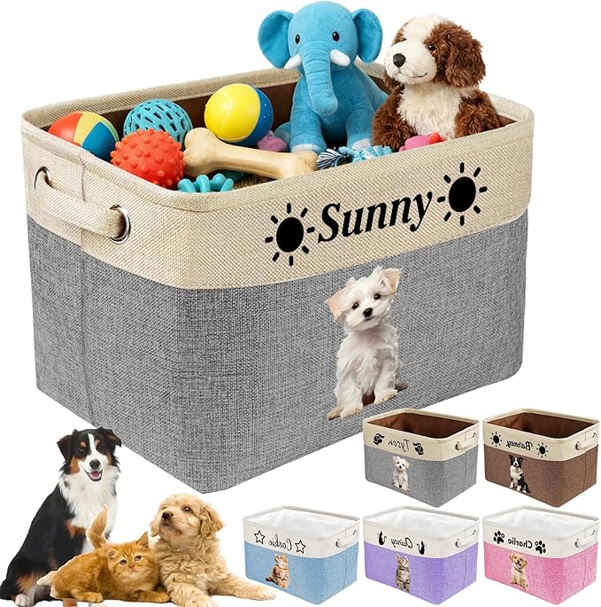 Gridachi Personalized Dog Cat Toy Storage Basket with Photo & Name, Custom Collapsible Pet Organizer Bin with Handles for Toys, Clothes, Blankets & Pet Supplies
