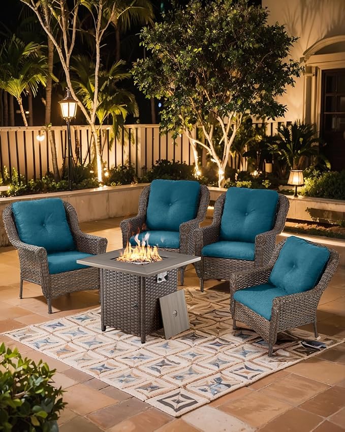 Outdoor Patio Chairs with Fire Pit Table 5 Piece Set - High Back Brown Wicker Rattan Lawn Chair with Thick Cushion for Porch Apartment Deck Yard Poolside Garden - Peacock Blue