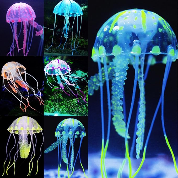 Uniclife 4 Pack Fish Tank Decorations Glowing Effect Aquarium Décor Small Silicone Artificial Jellyfish Coral Plant Ornament