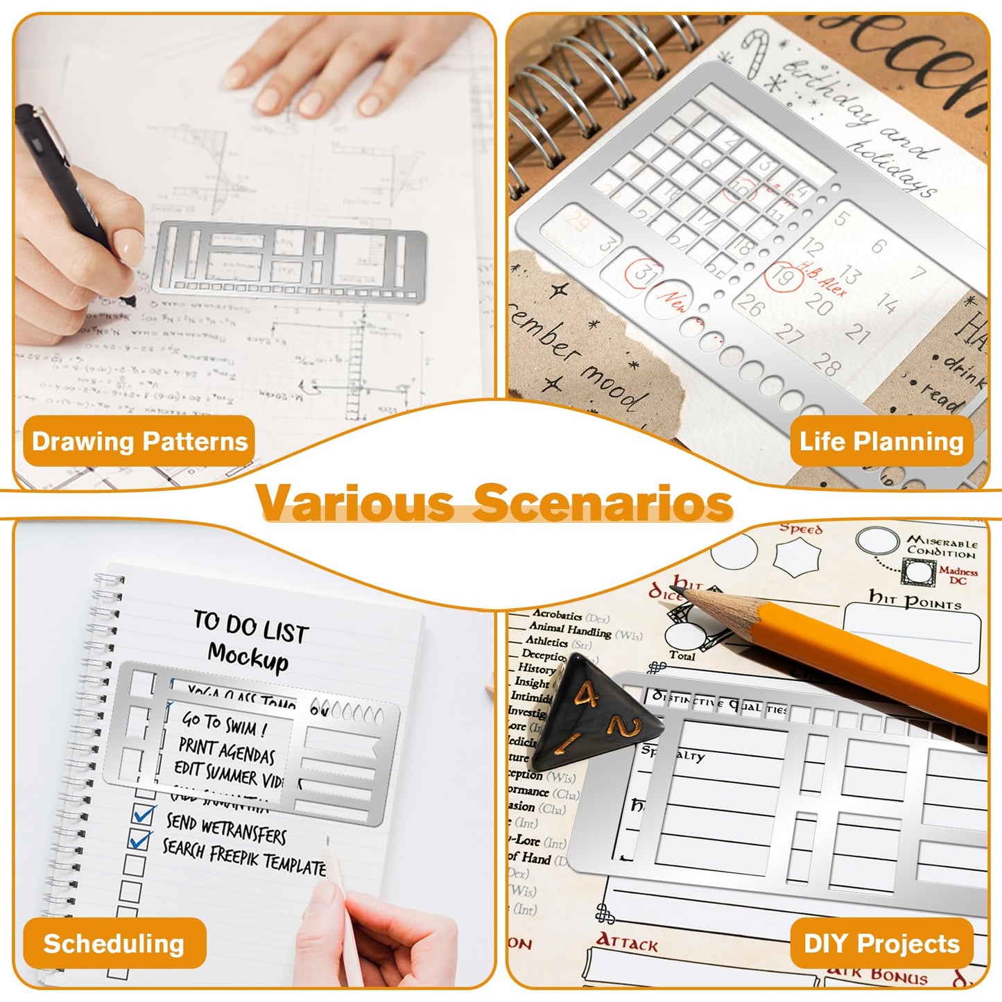 3 Pcs Record Template Metal Planner Stencils for Journaling 5.2X2.3 Inch Flexible Journal Template Stainless Steel Calendar Stencil for Weekly Spread Checklist Drawing DIY Crafts Supplies
