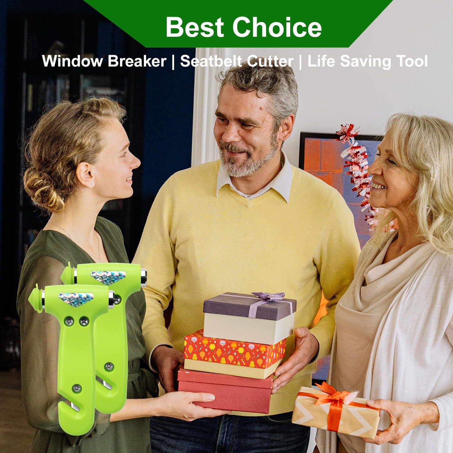WONDER POINT Car Window Breaker, Safety Hammer - 3 in 1 Escape Tools, Window Breaker Seatbelt Cutter, Roadside Emergency Kit with Light Reflective Tape(2 Pack, Green)