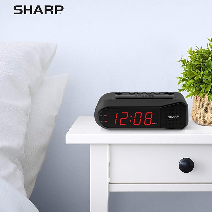 Sharp Digital Alarm Clock for Heavy Sleepers, Dual Alarm, Red LED, Black