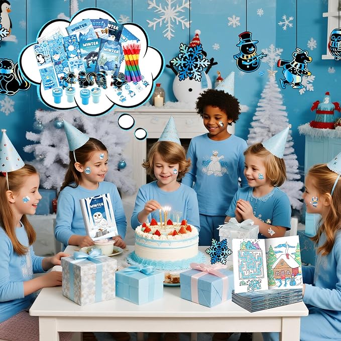 BenLouis Winter Party Favors Set Holiday Themed Coloring Book Classroom Gift Prizes Bulk for Students Kids Christmas Frozen Birthday Goodie Bag Stuffers Pinata Filler (12Set Snowflake)