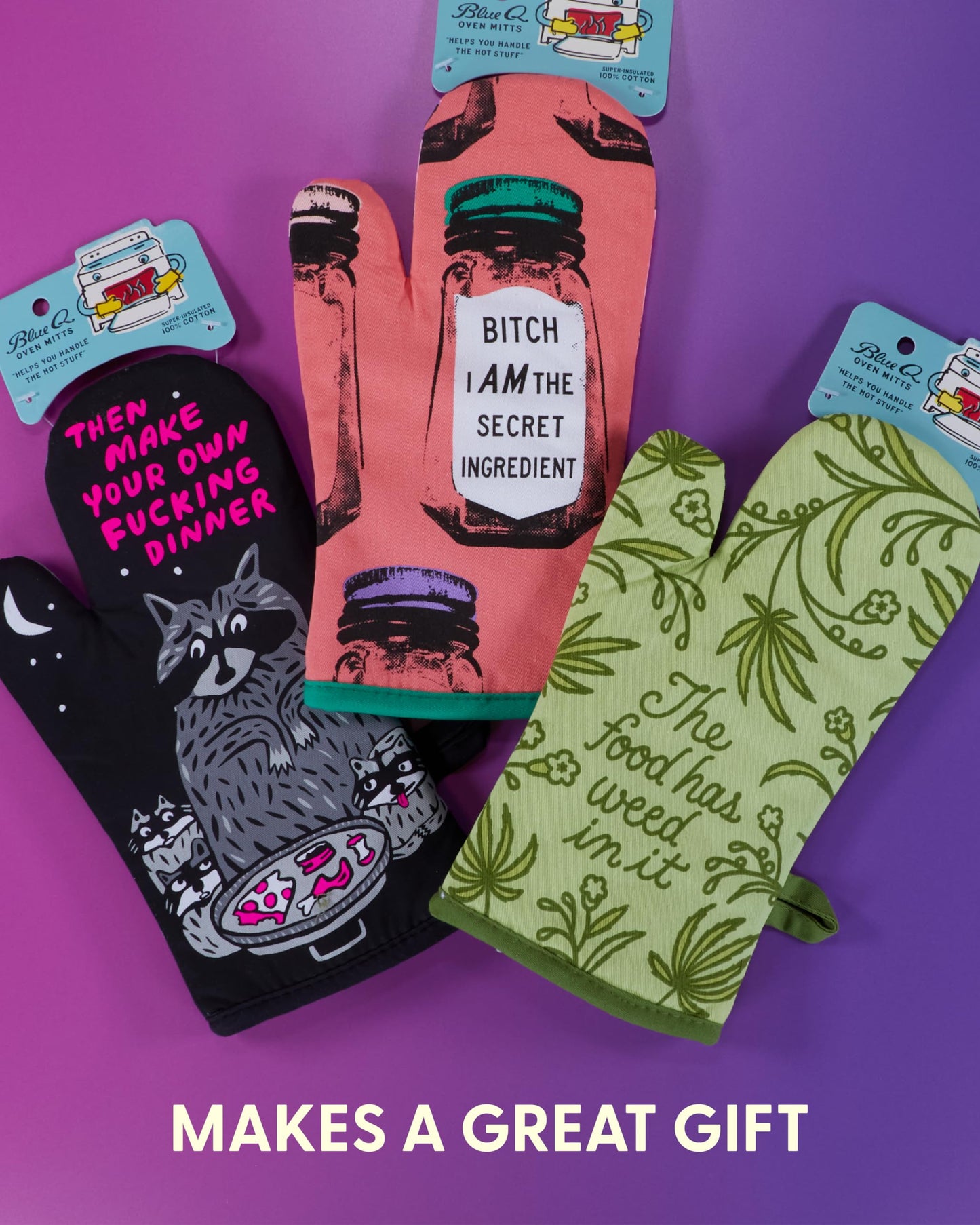 Blue Q B*tch I Am The Secret Ingredient Funny Oven Mitts, Home Kitchen Gifts, Cooking Accessories, Super-Insulated Quilting, Comfy Natural-Fitting Shape, Pot Holders, 100% Cotton, Size 12.5"L x 7.5"W