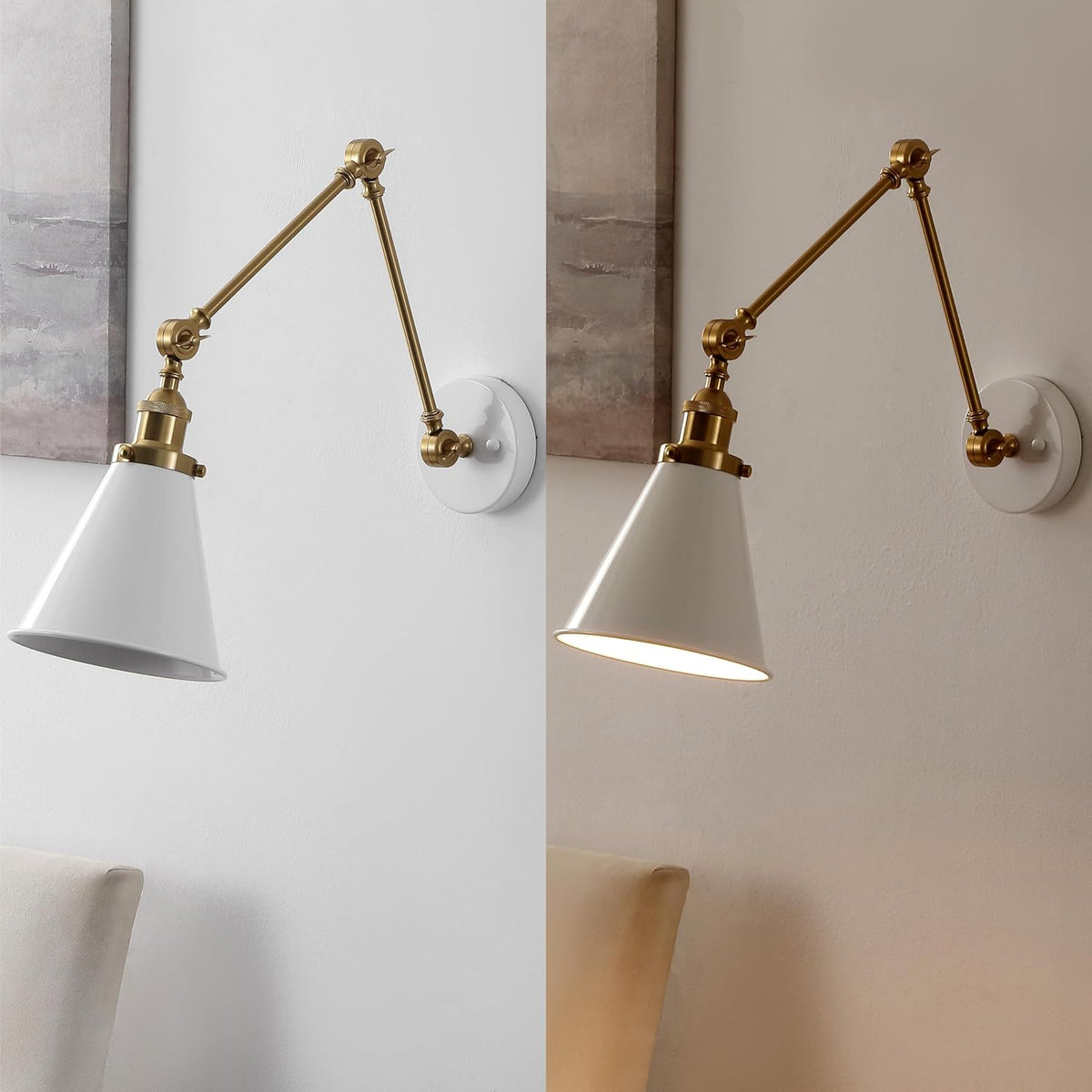 JONATHAN Y JYL7462B Rover 7" Classic Industrial Metal Adjustable Arm LED Wall Sconce, White/Brass Gold for Bedroom, Bathroom, Vanity