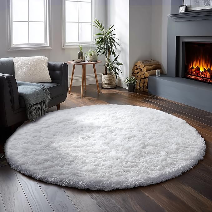 White Round Rug 6Ft for Bedroom, Circular Circle Area Rugs for Living Room, Large Soft Fluffy Shaggy Carpet for Teen Girls Boys, Kids Home Decor Aesthetic, Plush Throw Rugs for Dorm Nursery Playroom