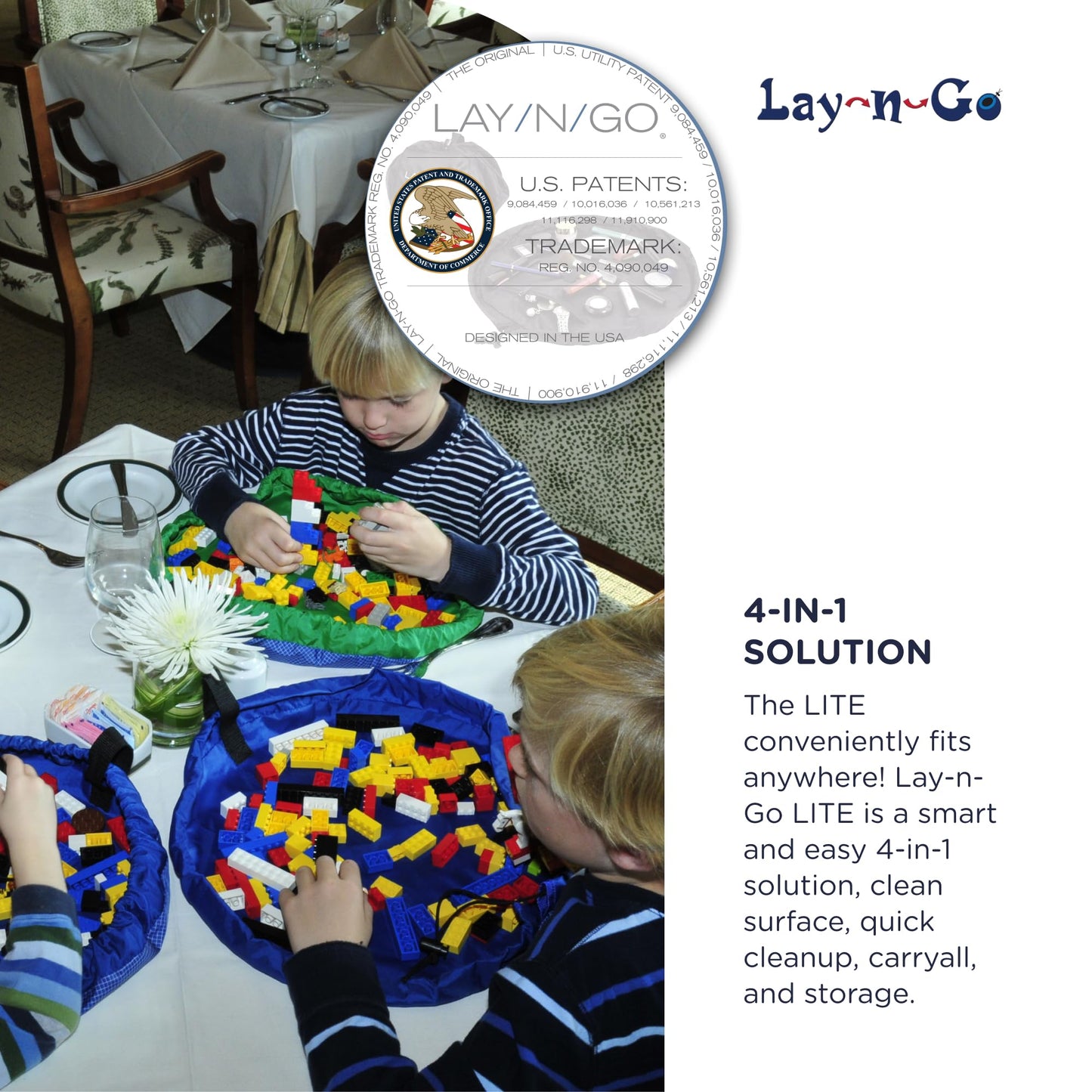 Lay-n-Go Layflat Portable Drawstring Cinch Storage Toy & Mini Figures Organizer & Play Mat, Mesh Pockets, Home & Travel, Kids & Toddlers Playdates, 2 Straps for Backpack, Durable, Machine Washable