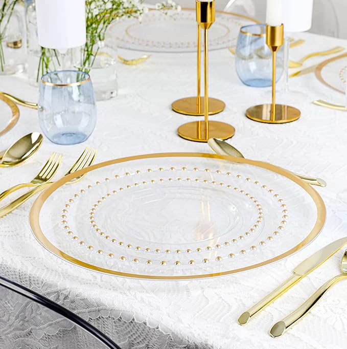 PLASTICPRO 32 Piece Plastic Dinner Plates Bowls Disposable Plastic Fancy Heavy Duty Party Dishes 12 oz Clear and Gold Bead Bowls