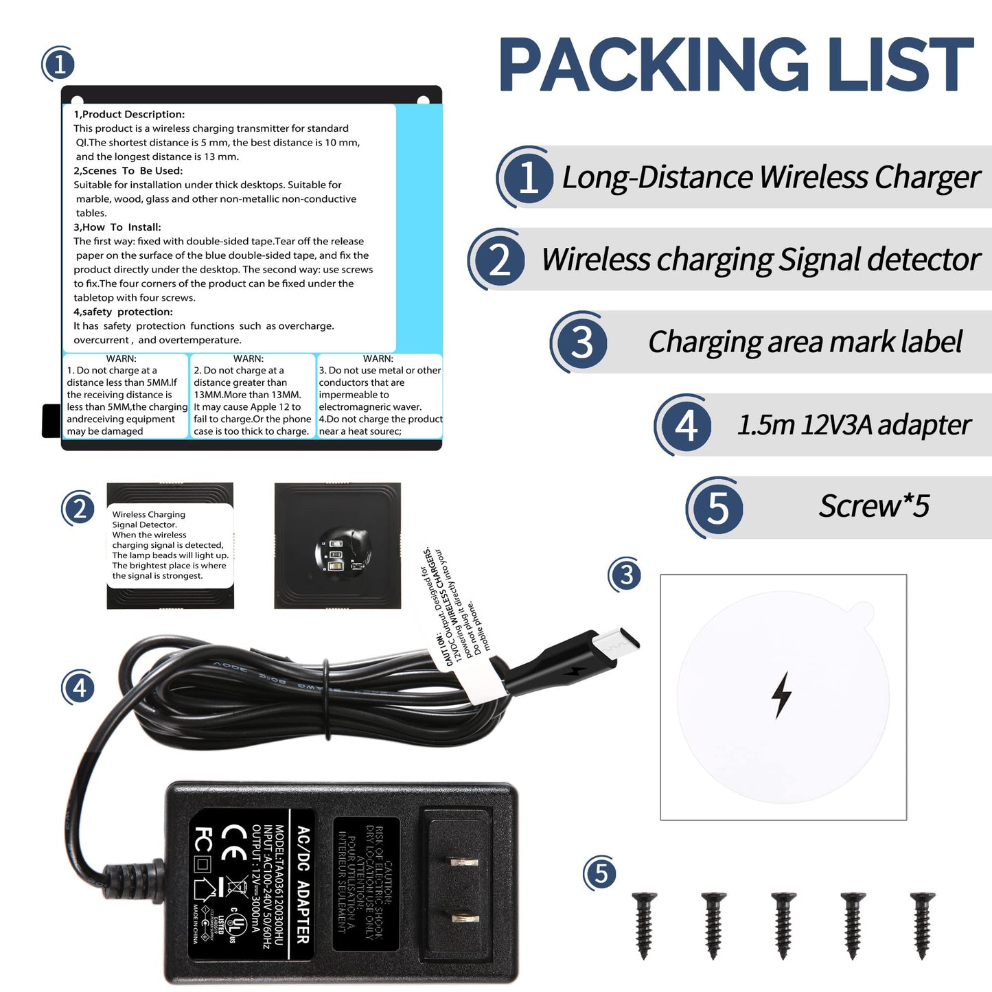 Invisible Wireless Charger, Under Desk Furniture Wireless Charging Pad 10W, Hidden Long Distance Wireless Phone Charger, for iPhone 13/12/Pro Max &AirPods(with Adapter)