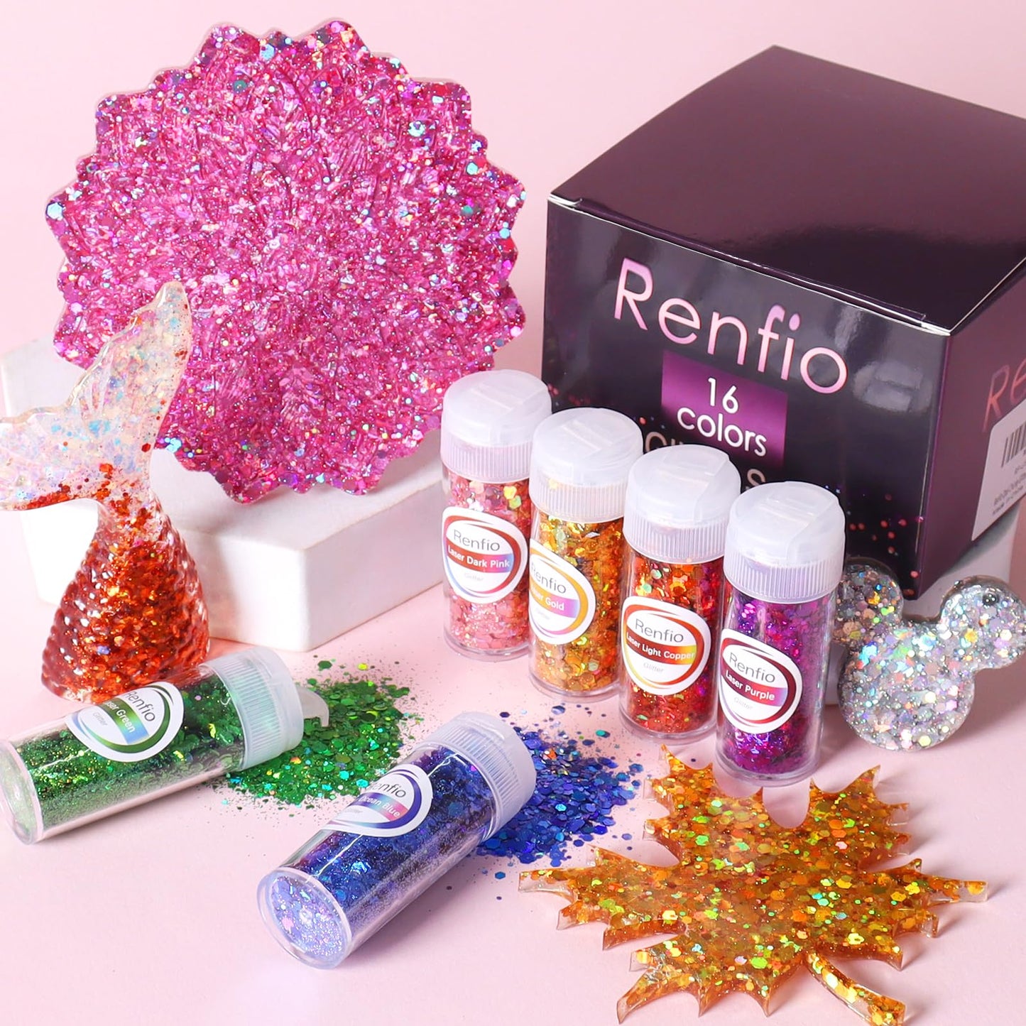 Renfio Holographic Chunky Glitter, 16 Colors Resin Glitter Set Each 10g/0.35oz PET Chunky Flakes Sequins Mix Fine Powder for Crafts, Resin Accessories, Snow Globe Tumbler Supplies, Nails