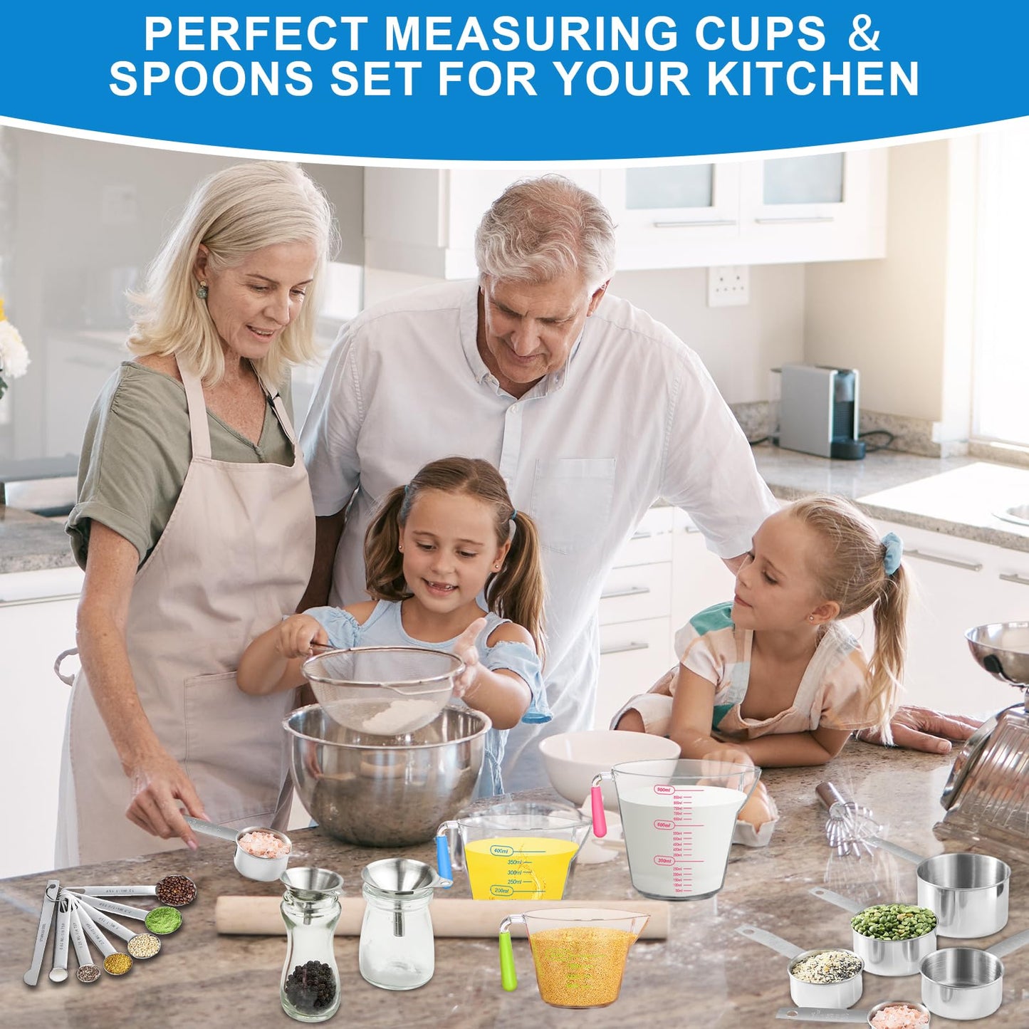 Measuring Cups and Spoons Set 21 Piece, 11 Stainless Steel Nesting Measuring Spoons and Cups with 3 Plastic Measuring Cup, 3 Funnel, 3 Brush, 1 Ruler, Measuring Cup Set for Kitchen Baking Liquid Dry