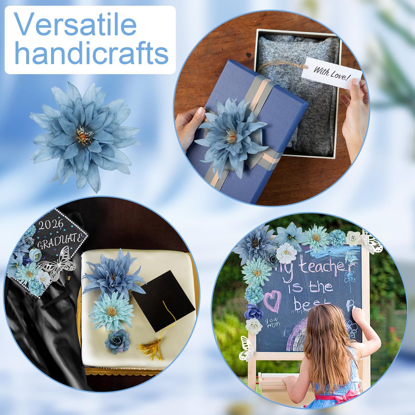TKNOUS DIY Graduation Cap Decorations Accessory Kit, 3D Butterfly Faux Flower Heads for Grad Hats Decor Rhinestones Stickers Alphabet Letter Stickers Glitter Paper for Cake Wreath Art DIY (Blue)
