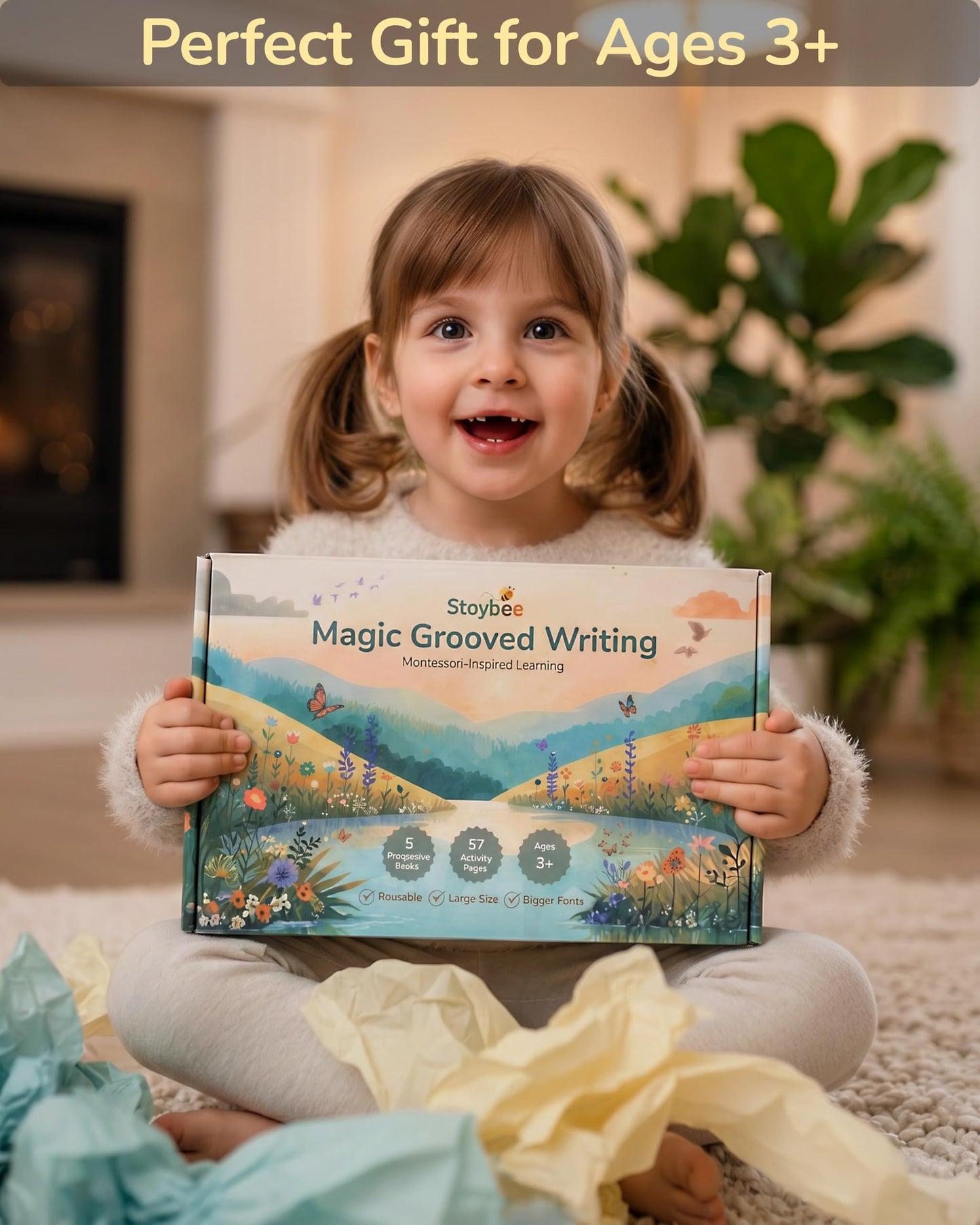 Stoybee Magic Grooved Writing Practice for kids | Deep Grooved Handwriting Practice for Kids Ages 3-7 | Large Pages, Big Letters, Reusable, 15 Refills | Montessori Groove writing Preschool Workbook