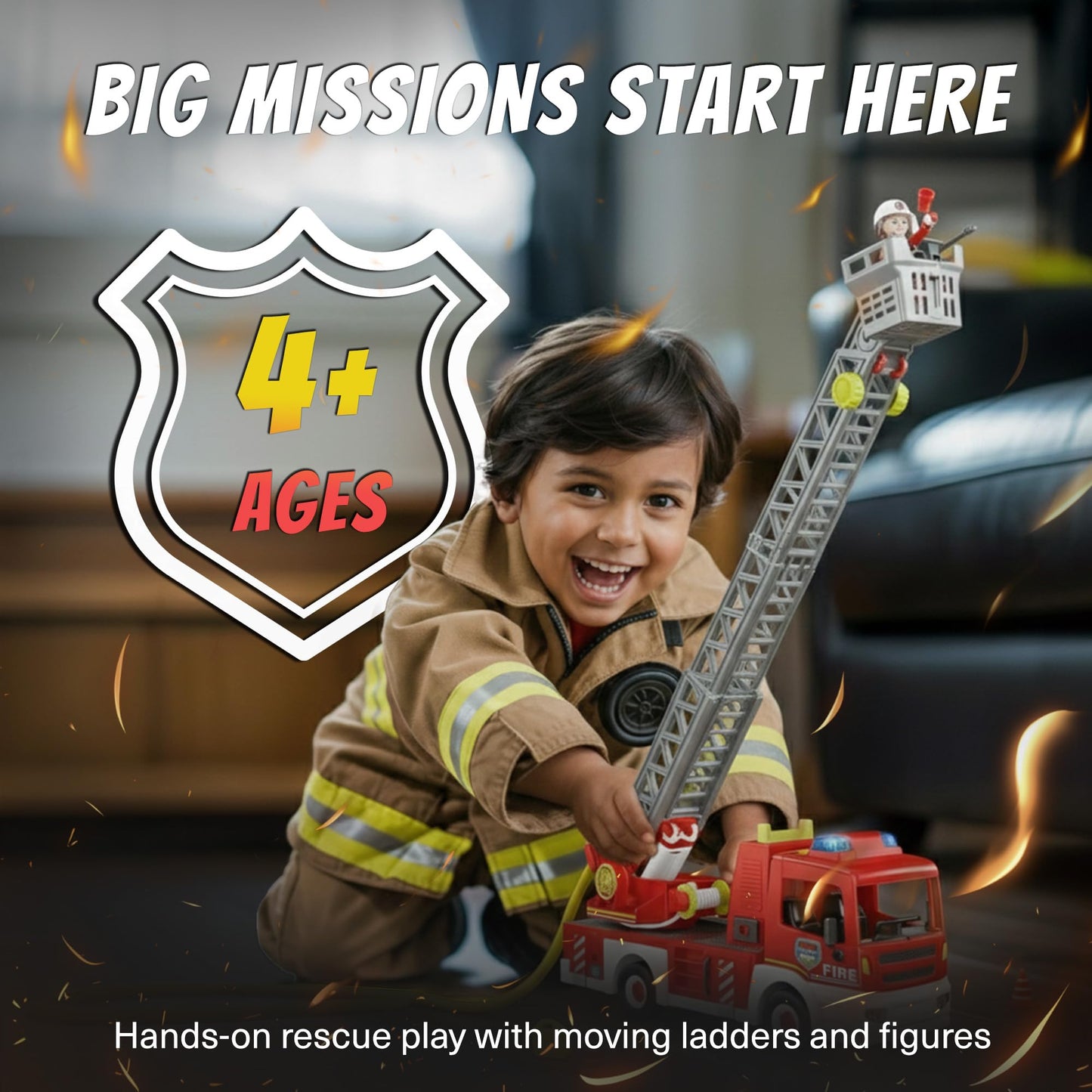 Tiny Force Toy Ladder Fire Truck Toy – Firefighter Fire Truck with Extendable Fire Ladder, Toy Truck for Kids, Perfect Firefighter Gift for Pretend Play Fun
