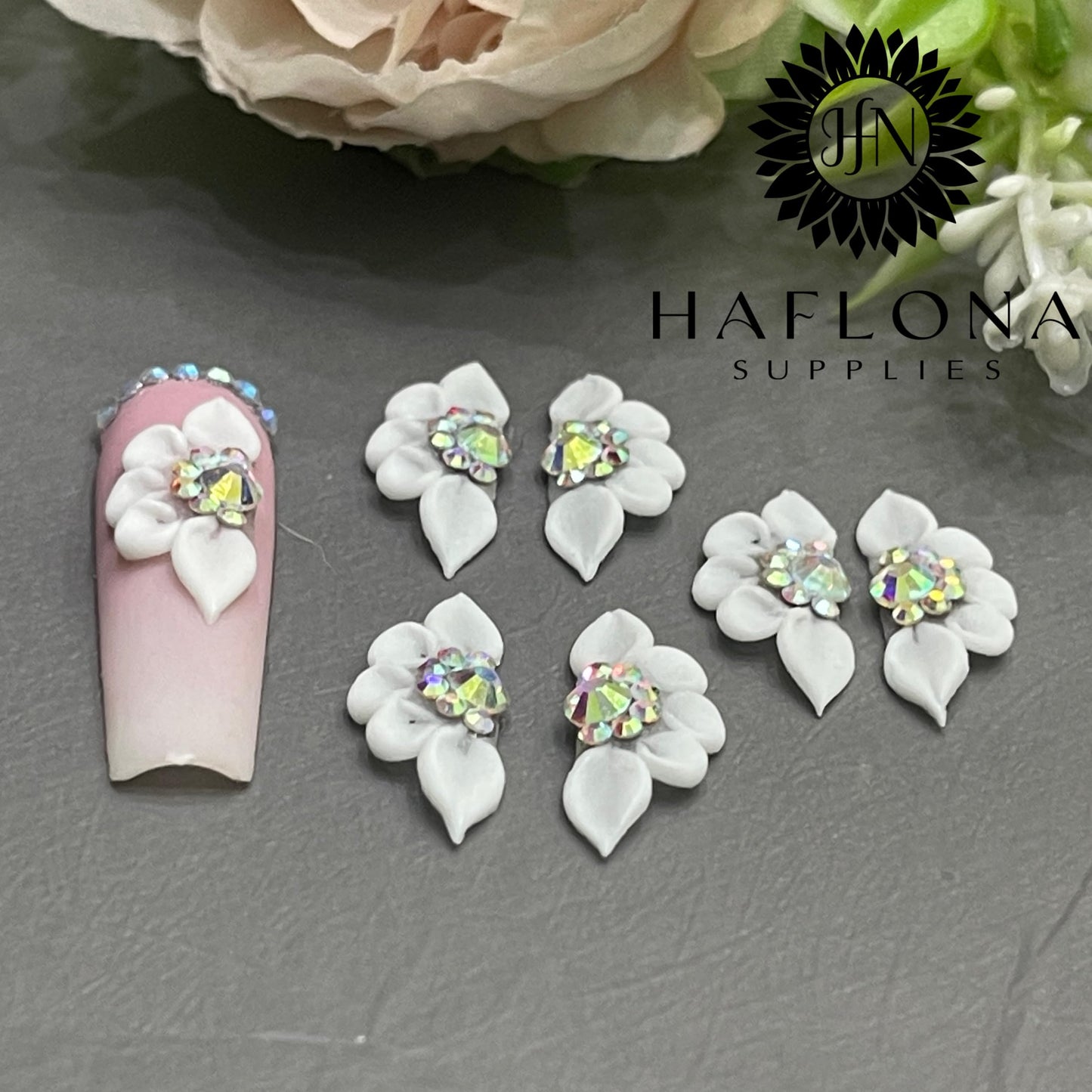 Set 6Pcs 3D Flowers Nails Charms with Rhinestone Gems Glow in Dark Handmade by Acrylic Powder Design for Long Nail L,XL,XXL Nail Art Floral Salon Decor Women (White 7 Rhinestones Glow in Dark-6PCs)