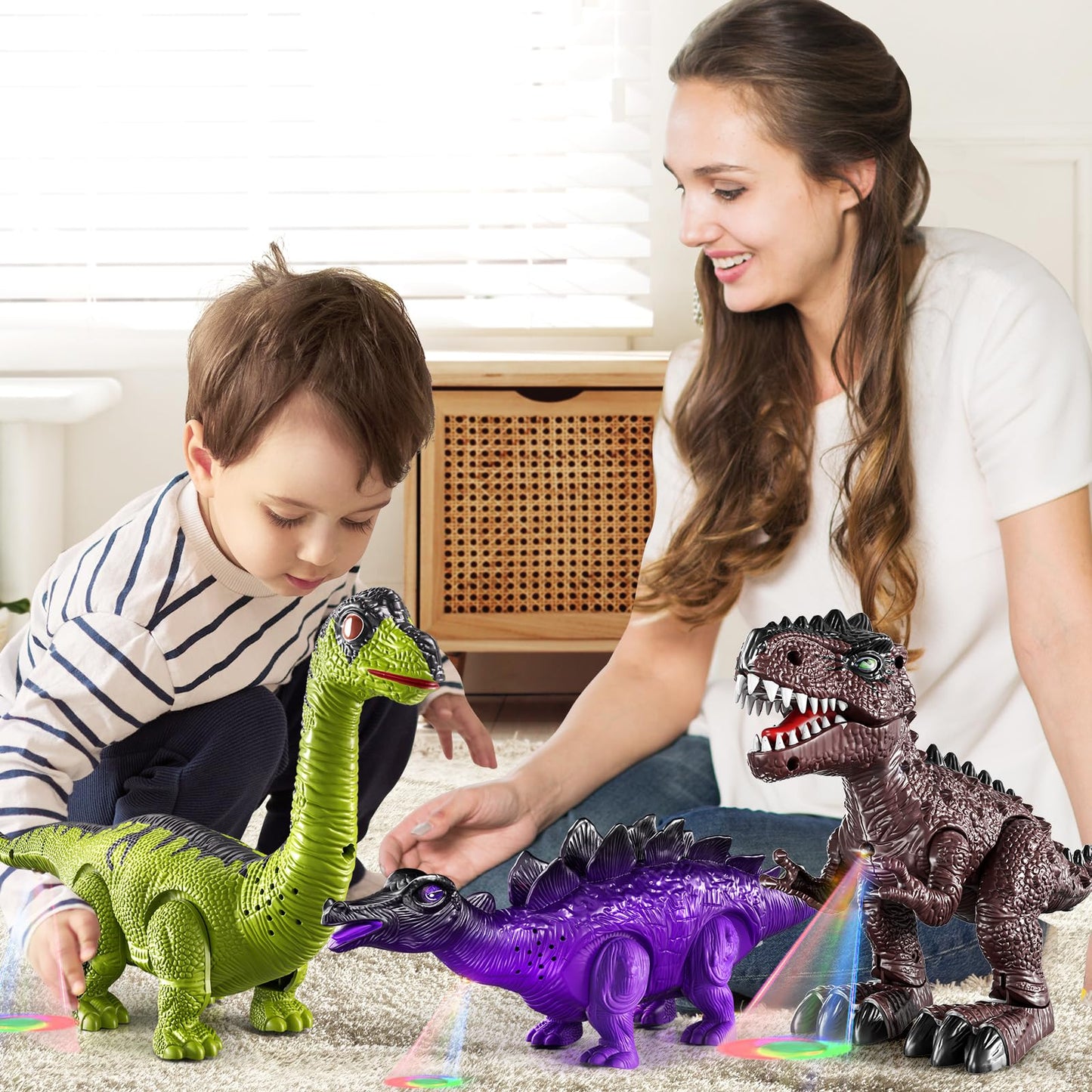 TEMI 3 Pack Electrical Walking Dinosaur Toys for Toddlers 3-4 3-5 Years with Sound and Light Up, Toddler Robot Dinosaur, Brachiosaurus, Stegosaurus Dinosaur Figures for Kids