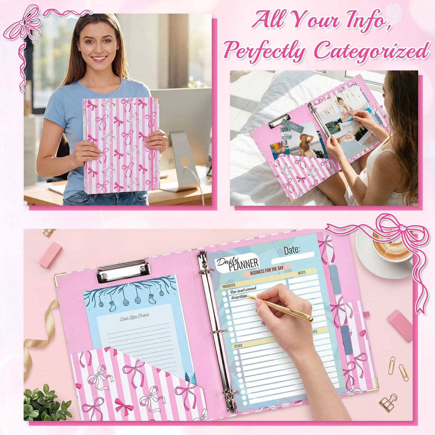 1 Inch 3 Ring Binder with Clipboard, Cute Binder Pink Bow Design, Holds 200 Sheets A4 Letter, Inside Pockets & 5 Tab Dividers, Pretty Classic Pink Binder for School Office Supplies(Pink Striped Bow)