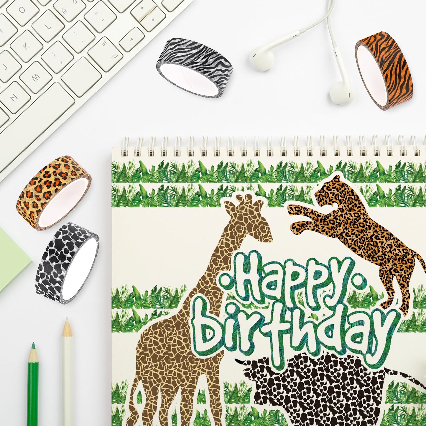 Whaline 8 Rolls Animal Prints Washi Tape Safari Jungle Decorative Masking Tape Set Leopard Cheetah Zebra Tiger Giraffe Greenery Wrapping Paper Tapes for Scrapbook Journal DIY Art Crafts