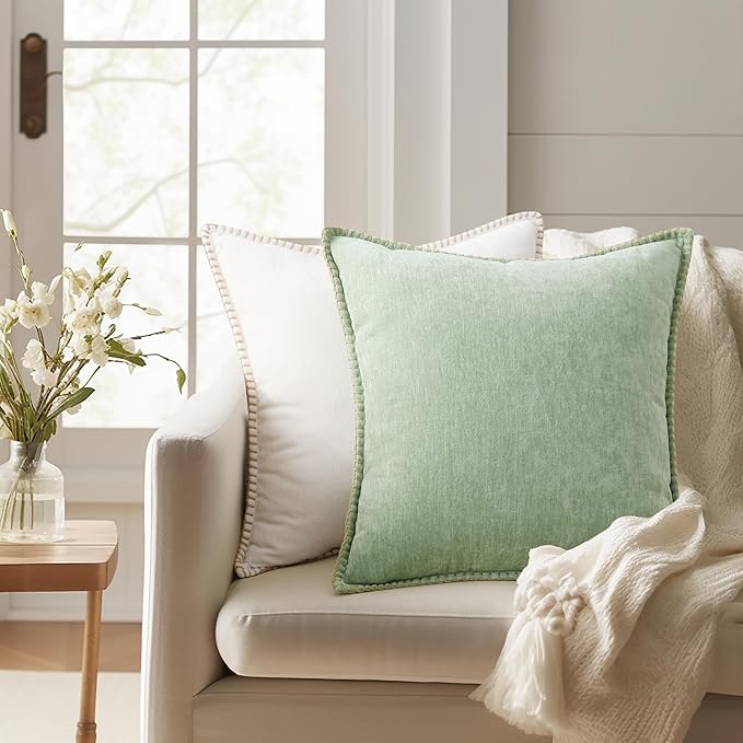 decorUhome Christmas Chenille Soft Throw Pillow Covers 26x26 Set of 2, Farmhouse Velvet Neutral Decorative Euro Pillow Covers with Stitched Edge for Couch Sofa Bed Home Decor, Sage Green