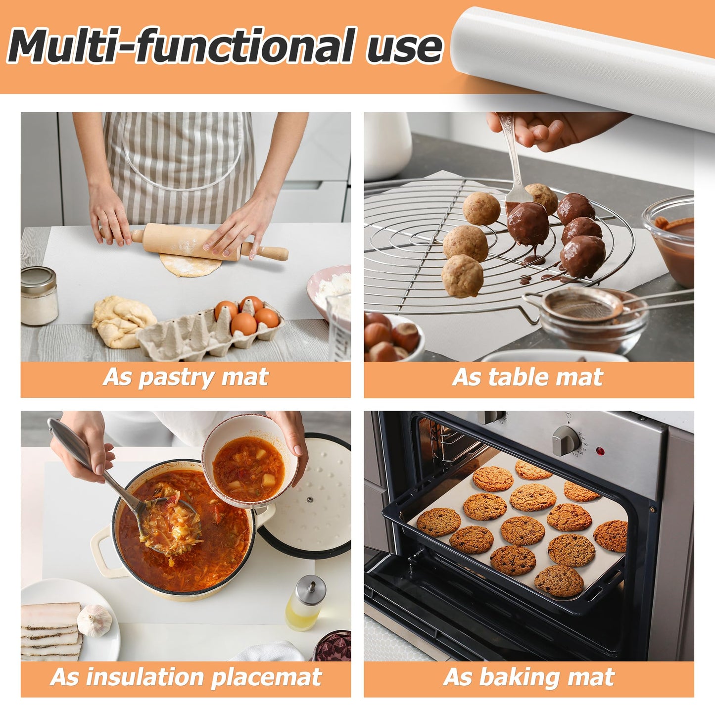 MMmat Silicone Baking Mat Roll, Non-Stick Heat Resistant Food Grade Baking Mats, Non-Slip Reusable Air Fryer Linner, Freeze Dryer Mat, Counter Mat, Oven Liner, Refrigerator Liners - 12IN x 8FT