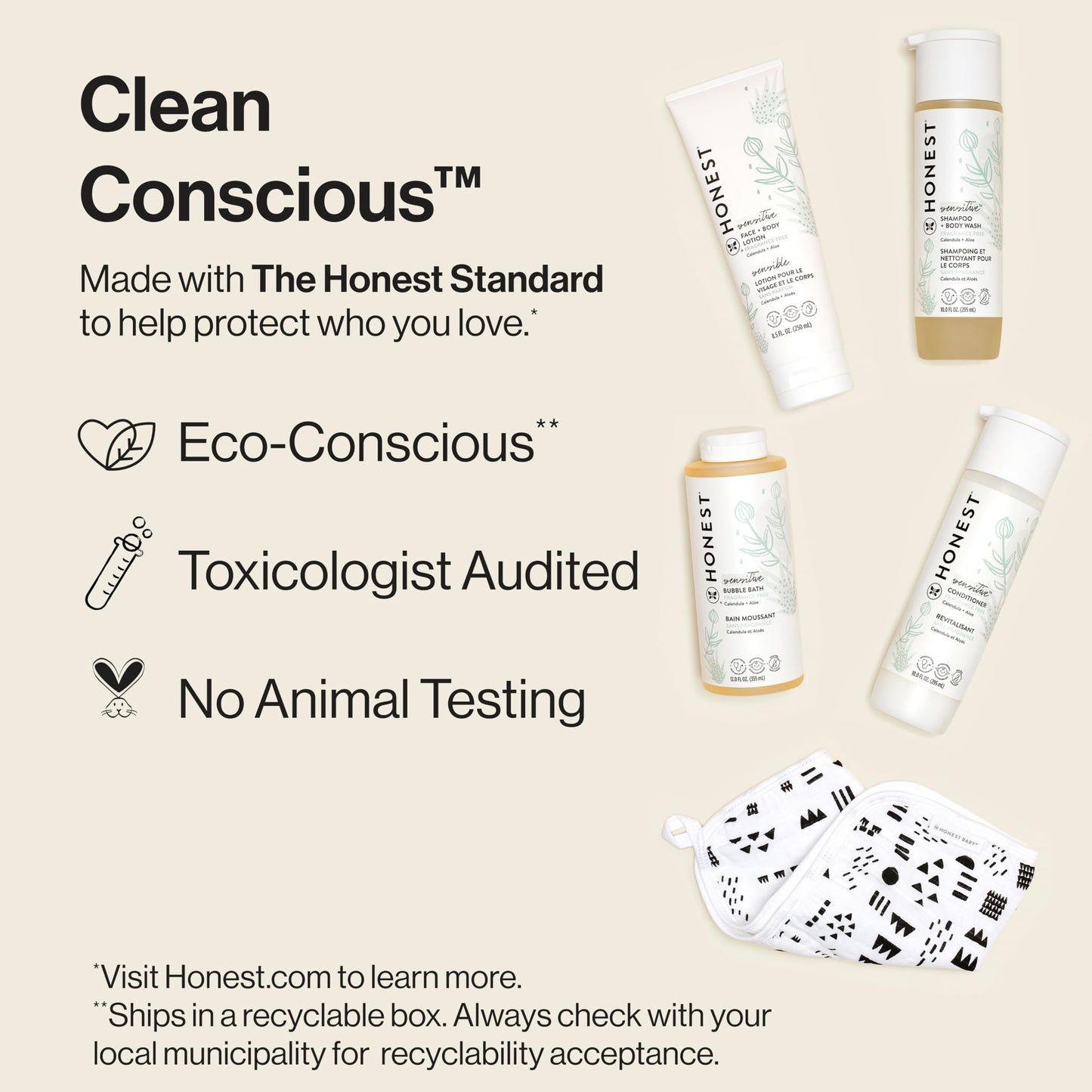 The Honest Company Fragrance-Free Bathtime Gift Set, Hypoallergenic, Bath Essentials for Sensitive Skin, Shampoo and Body Wash, Face Lotion, Bubble Bath, Conditioner, Wash Cloth