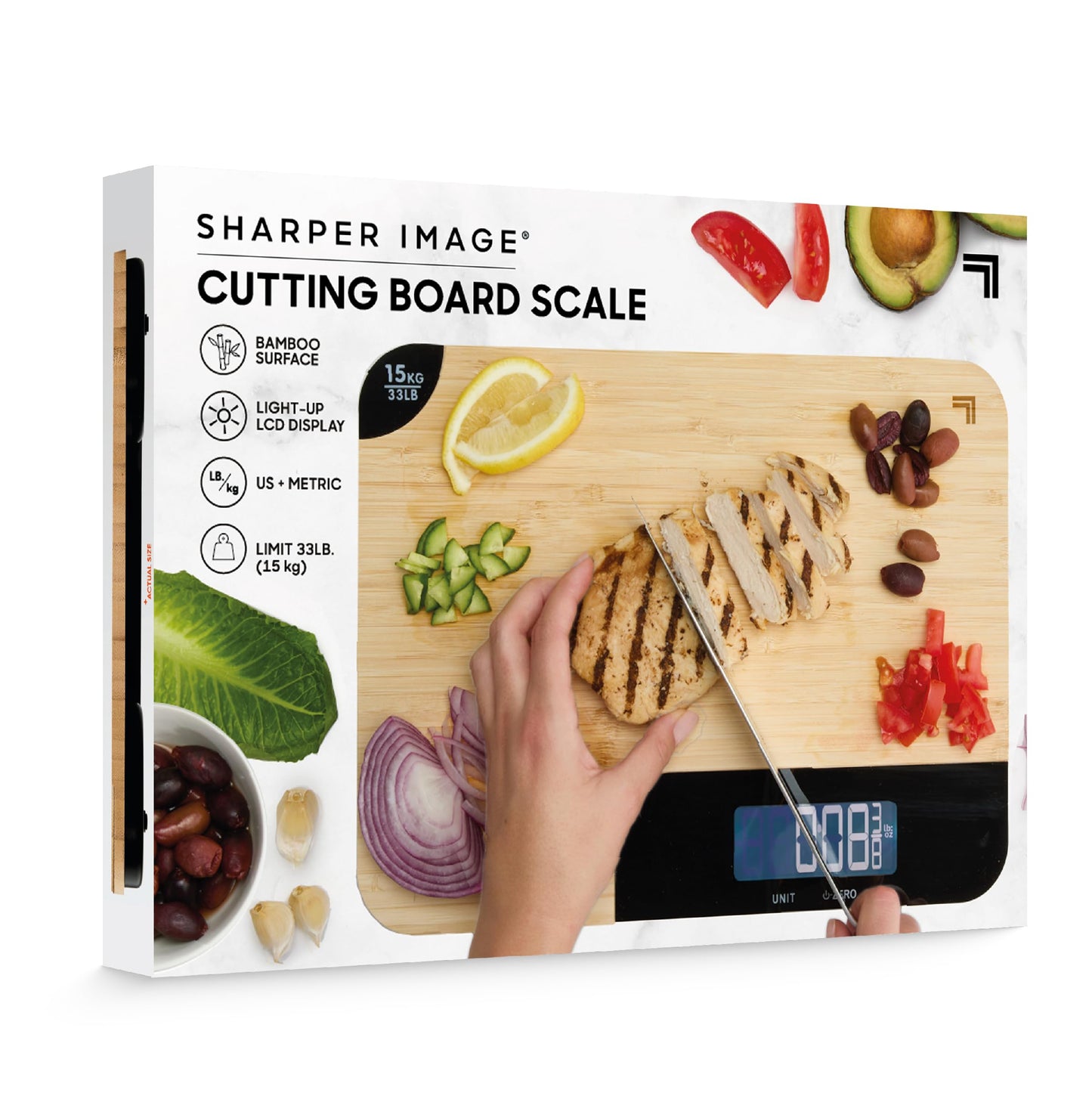 Sharper Image Bamboo Cutting Board & Digital Food Scale, 33 lb Capacity, Measures Grams & Ounces, Multi-Functional for Food Prep, Baking, Dieting, Portion Control, Kitchen Gadgets Gift
