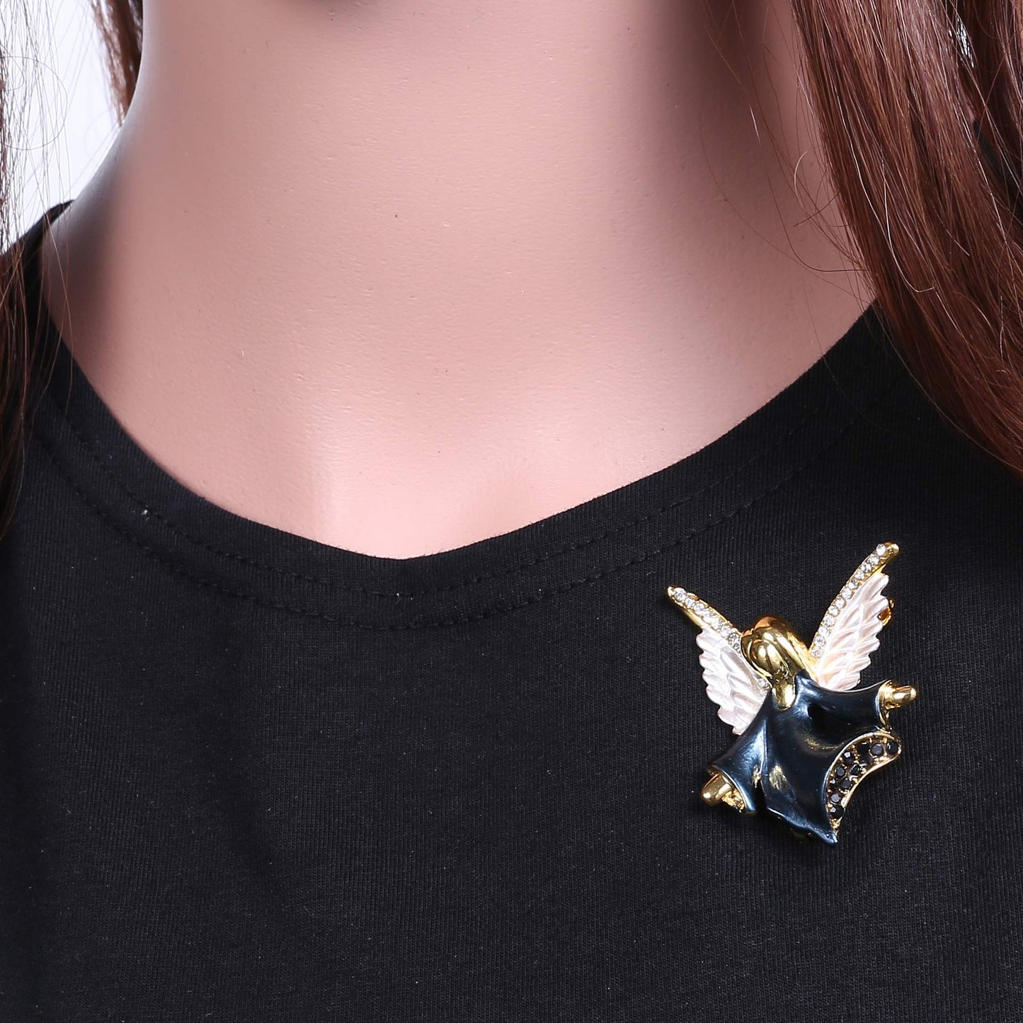 Connie Cloris Women Crystal Angel Brooch Pin (Black-Angel-E01)