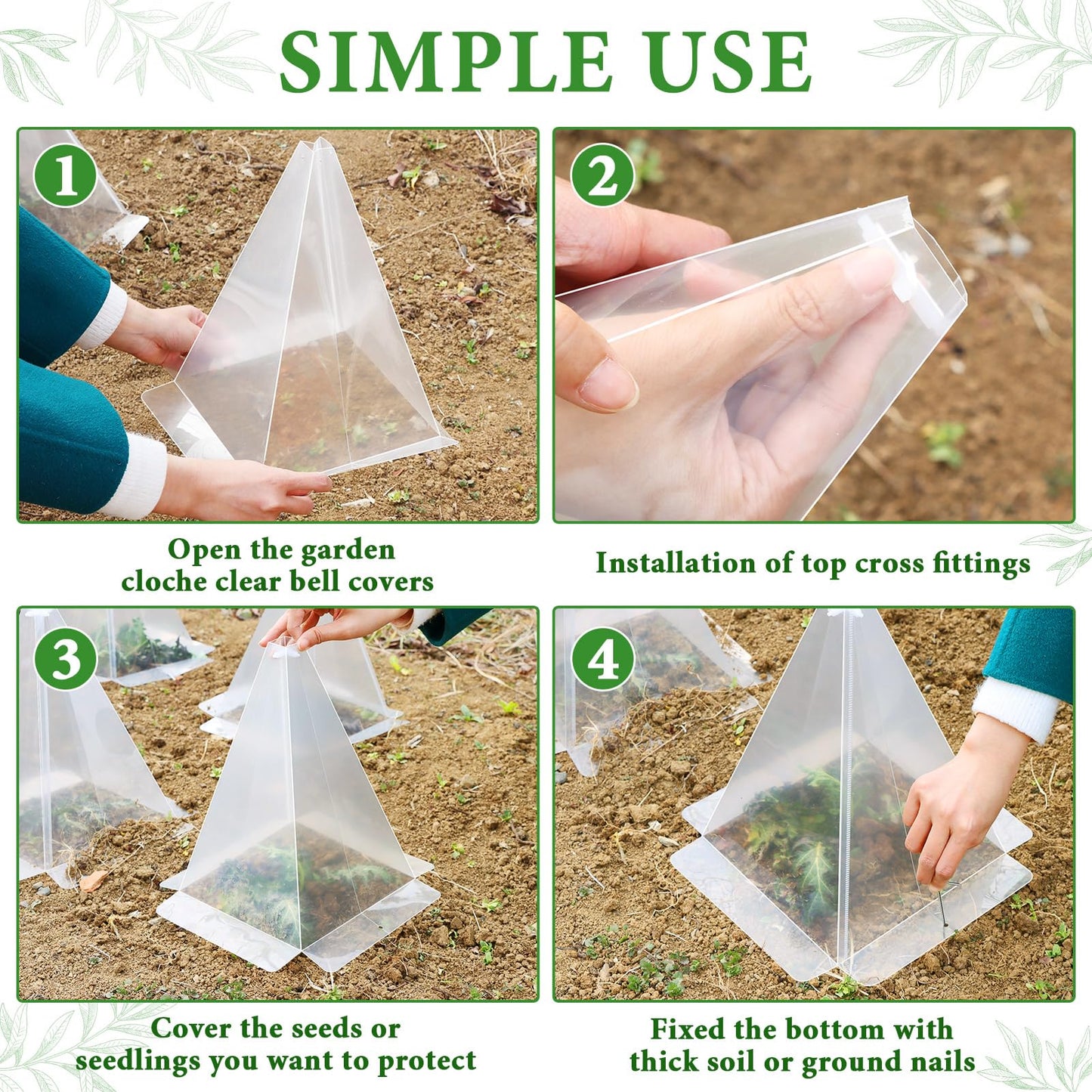 Niuyhe Garden Cloches for Plants, 20 Pack Plastic Small Plant Seedling Protector, Reusable Clear Bell Covers with 40pcs Metal Stakes, Mini Greenhouse Against Sun, Frost, Snails, Birds, 7.8" x 11"