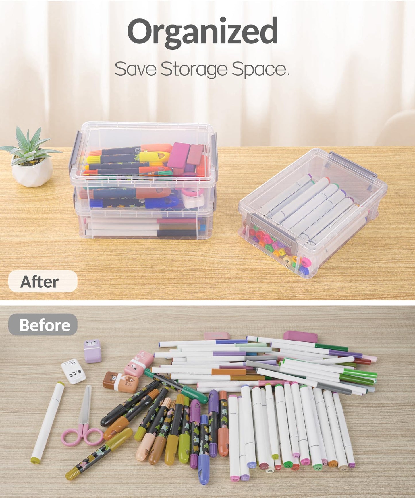 Sooez 6 Pack Small Plastic Containers with Lids, 6.4" x 4.4" x 2.7", Clear Crayon Box Pencil Pouch, Stackable Stroage Organizer for Beads Craft and Art Supplies, Storage Bins for Jewelry and Stickers