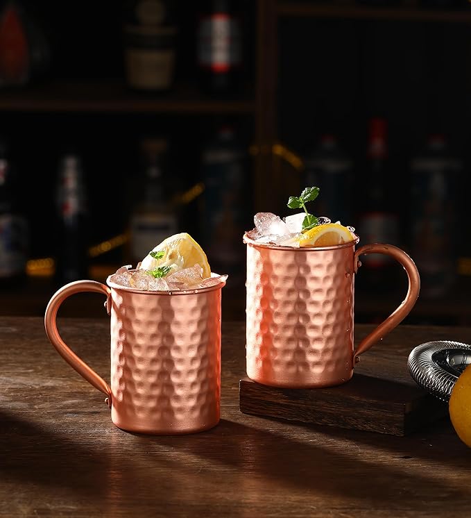 Moscow Mule Pure Copper Mugs - Set of 4 - Handmade of 100% Pure Copper -Hammered Finish-Riveted Handle