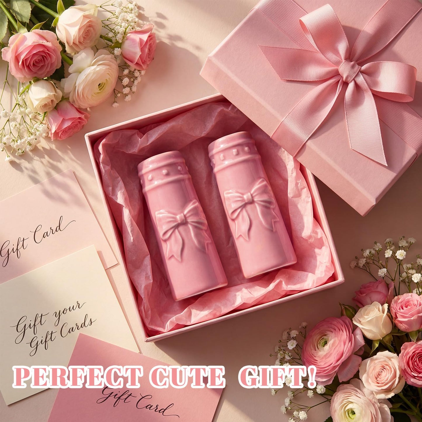 Acellegic 2 Pcs Pink Bow Salt and Pepper Shakers Cute Bow Kitchen Accessories Pink Ceramic Decorative Salt and Pepper Shaker Set Coquettish Preppy for Kitchen Dinner Table Party Gifts for Women