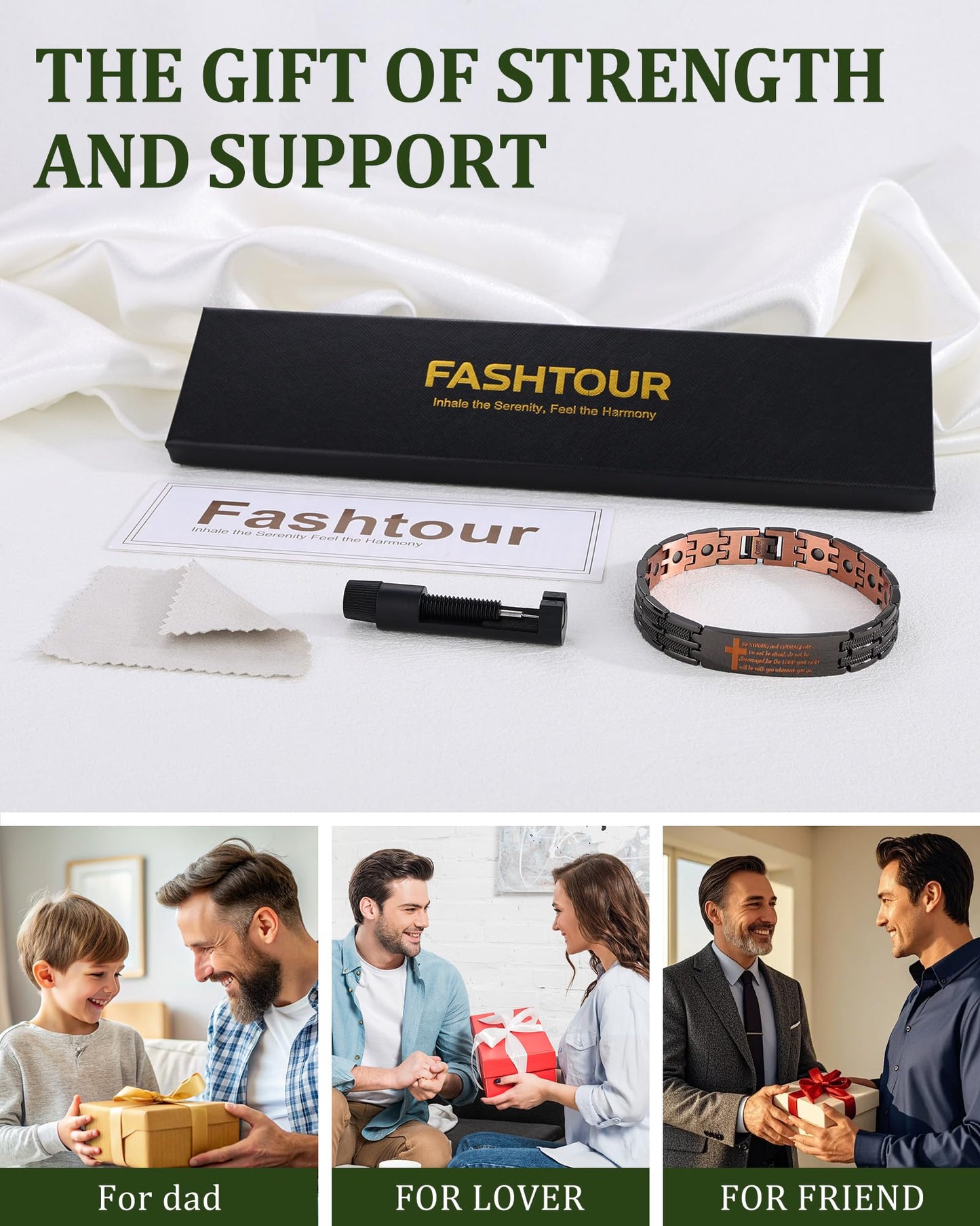 Fashtour Copper Cross Bracelet for Men, Ultra Strength Magnetic Jewelry, Rice-Ear Design Adjustable Copper Biblical Cross Bracelet with Sizing Tool & Box (Black-Joshua 1:9)