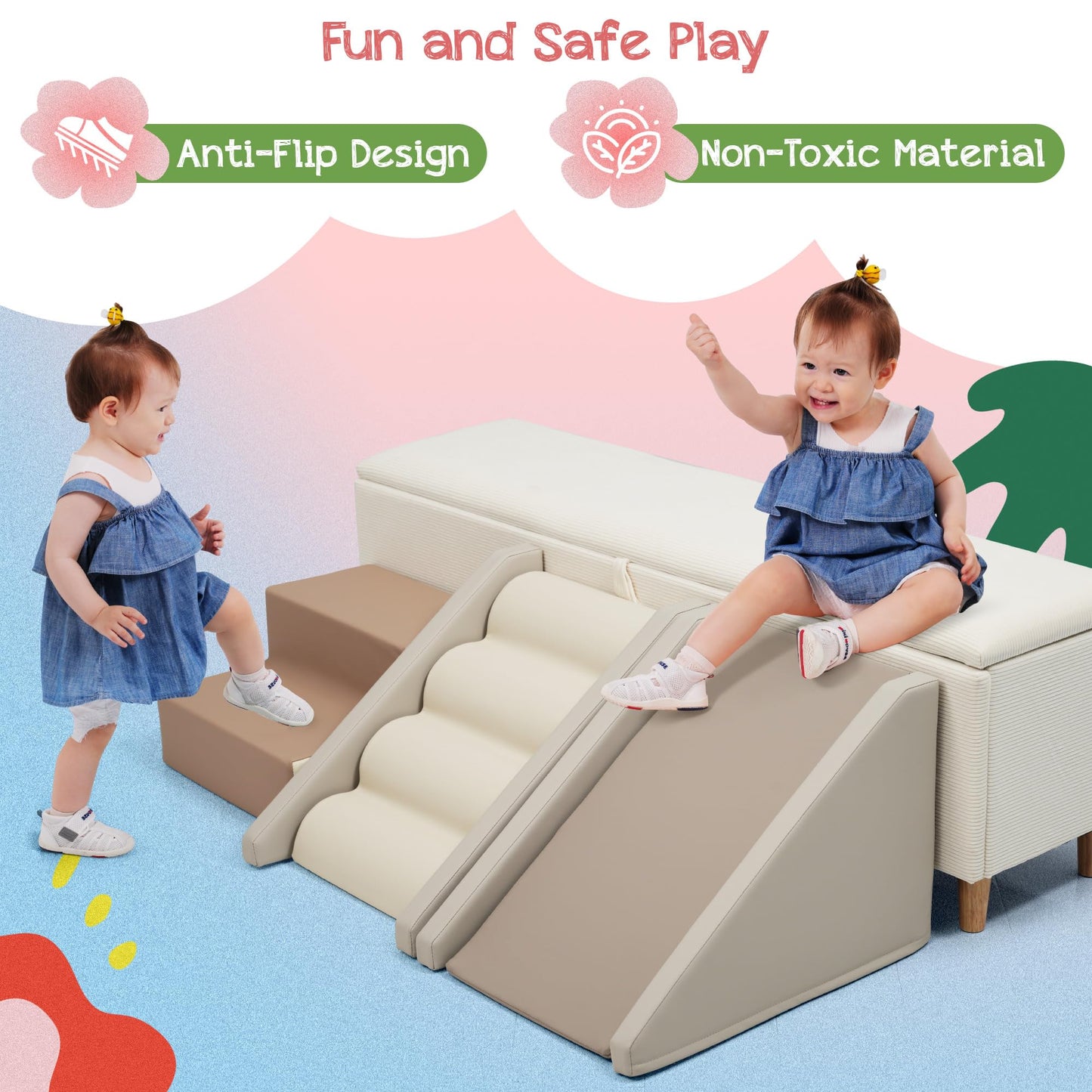 Merax Indoor Climbing Toys for Toddlers, 9-Piece Foam Climbing Blocks Climb & Crawl Tunnel Soft Play Set (9-Piece Cappuccino)