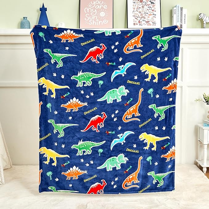 SOCHOW Glow in The Dark Dinosaur Blanket for Sons Daughters, Toys for 3-10 Year Old Preteen Teen Birthday Presents, Soft Cozy Flannel Throw Blanket for All Seasons, Blue 50 x 60 Inches