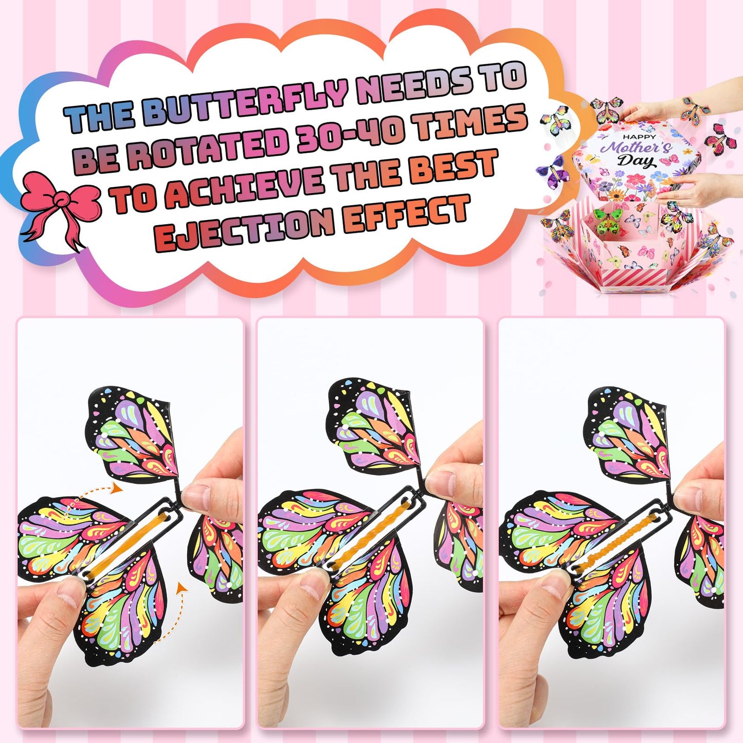 AmazingSpark Happy Mother's Day Flying Butterfly Surprise Explosion Gift Box 5.7 x 5.7 x 5.7 Inches Gift Explosion Box with 15 Pcs Flying Butterfly Exploding Surprise Gift for Mother's Day Birthday