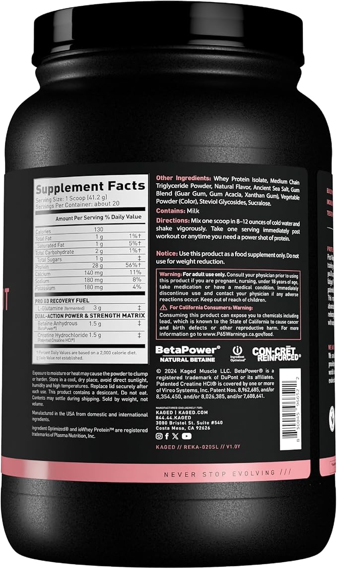 Kaged Post Workout Protein Powder | Re-Kaged | 28g Whey Protein with Creatine, Glutamine & Betaine for Muscle Growth & Recovery | Low Sugar | 20 Servings | Strawberry Lemonade