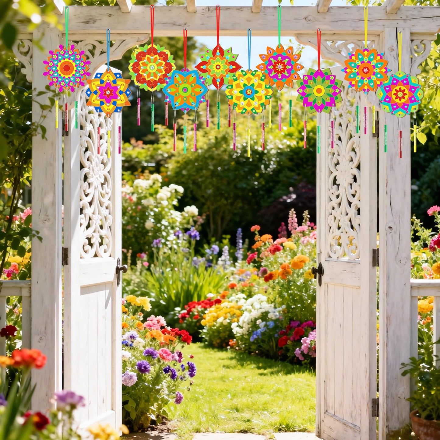 JellyArch 30 Pack Spring Mandala Wind Chime Making Crafts Kit for Adults, Make Your Own Wind Chime Bulk Wooden Hanging Ornaments for DIY Activity Birthday Summer Decoration