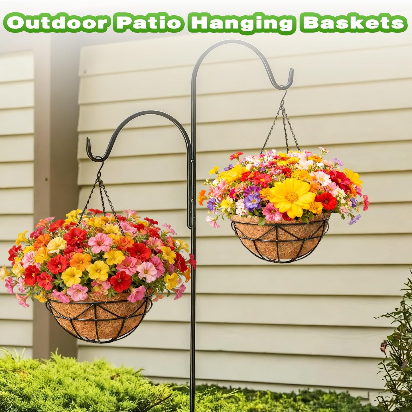Qusuxi 2 Pack 12 Inch Metal Outdoor Hanging Baskets Black Heavy Duty Hanging Planters with Coco Liners for Indoor Outdoor Plants Gardens Patios Terraces(Geometric)