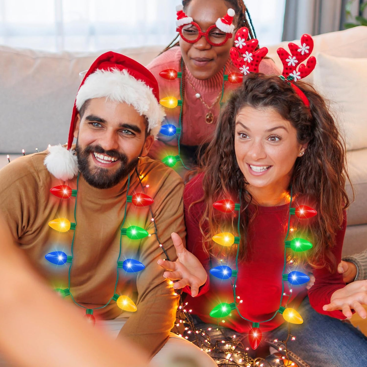 Blowata 24PCS Light up Christmas Necklace, 3 Glow Modes Christmas Party Favors, Ugly Sweater Lights Necklaces with 9 Bulbs, Xmas Accessories for New Year Decorations Party Holiday Gathering Decor