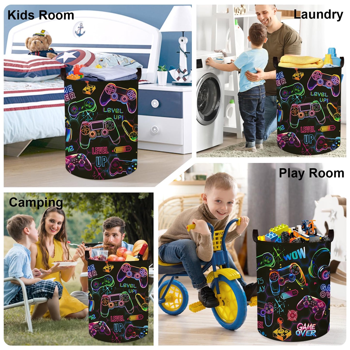 HUUMONSS Gaming Laundry Hamper Game Controller Console Large Storage Basket Collapsible Parents Organizer Boys Clothes Toy Bins for Bedroom, Bathroom, Black, 63L