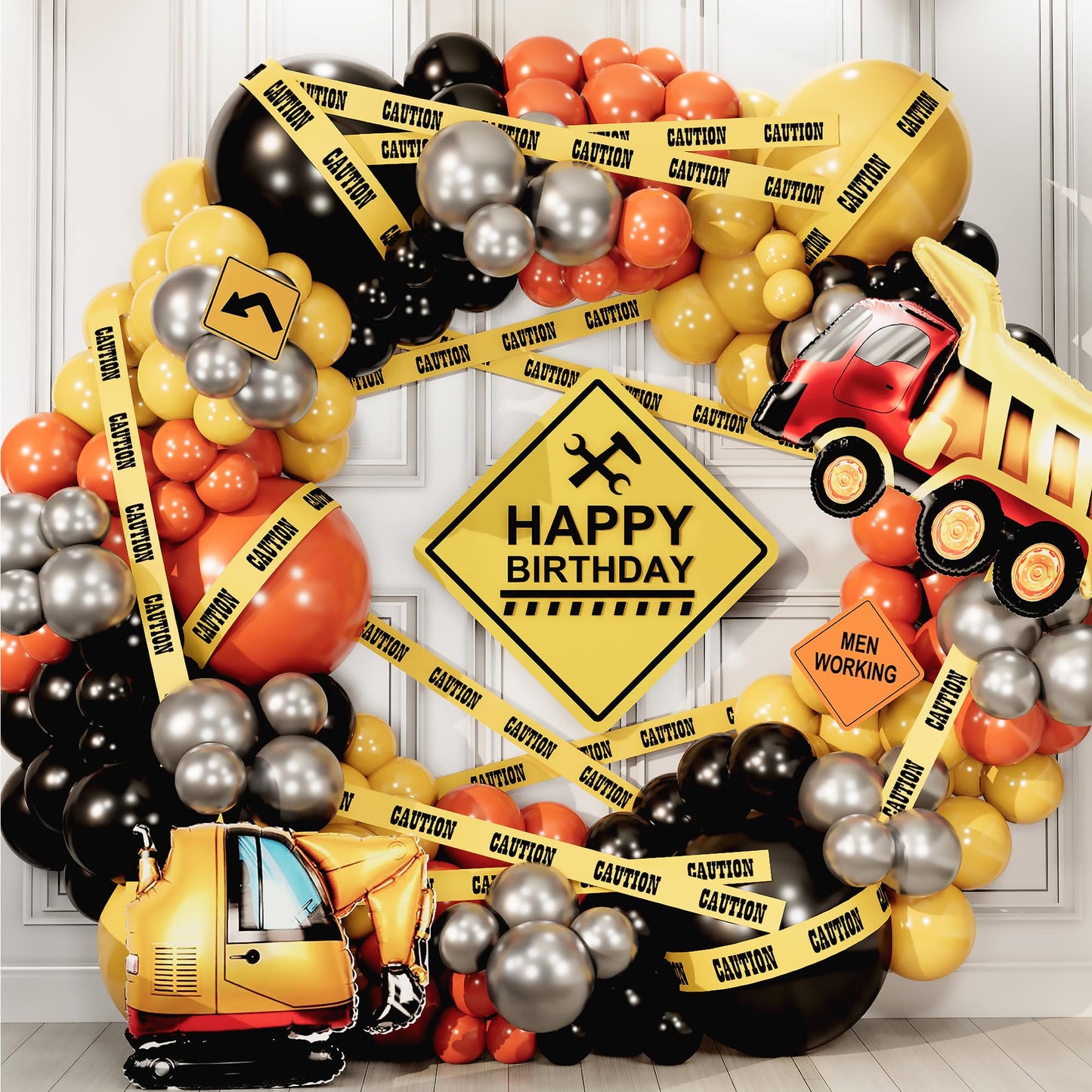 ALL-IN-1 Construction Balloon Arch Kit with BONUS Caution Tape & Truck Balloons - Construction Balloons for Excavator Birthday Decorations - Construction Birthday Party Supplies & Decorations