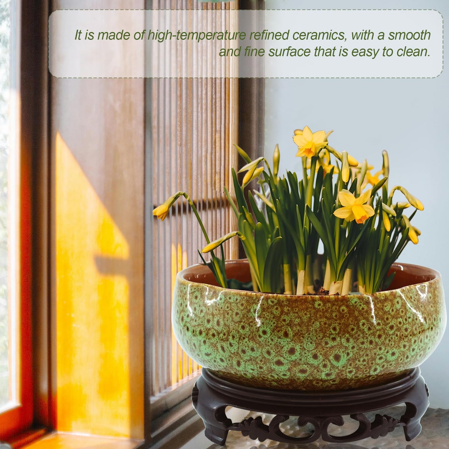 YOSMAKIY Lotus Bowl Planter,Decorative Ceramic Bowl Lotus for Water Plants with Black Stand, Green and Brown Glazed Finish
