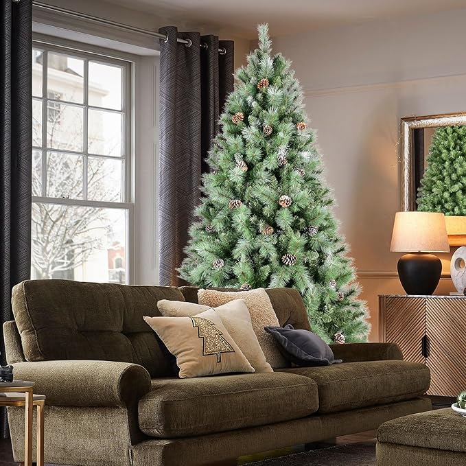 7.5FT Frosted Christmas Tree with 92 Pine Cone & Pine Needles, Premium Unlit Artificial Christmas Tree with 1588 Branch Tips, Realistic Hinged Xmas Trees with Metal Stand for Holiday Decoration