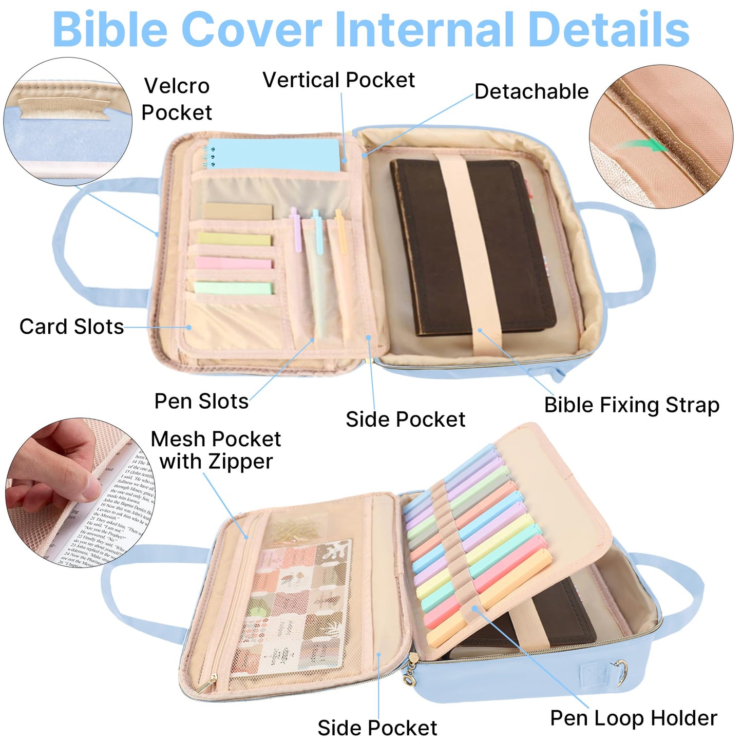 PUGPIU Bible Cover Case for Women, Large Quilted Bible Bag with Shoulder Strap and Handle, Bible Study Supplies Journaling Kit with Highlighters Pens No Bleed Tabs Notebook Cross Clips (Light Blue)